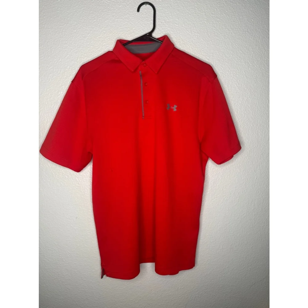 Men's Under Armour Polo Shirt Size M Red Short Sleeve Golf - Picture 1 of 4